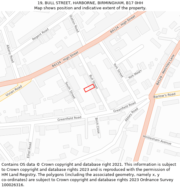 19, BULL STREET, HARBORNE, BIRMINGHAM, B17 0HH: Location map and indicative extent of plot
