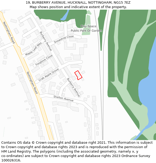 19, BURBERRY AVENUE, HUCKNALL, NOTTINGHAM, NG15 7EZ: Location map and indicative extent of plot