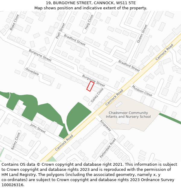 19, BURGOYNE STREET, CANNOCK, WS11 5TE: Location map and indicative extent of plot