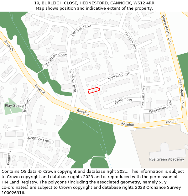 19, BURLEIGH CLOSE, HEDNESFORD, CANNOCK, WS12 4RR: Location map and indicative extent of plot