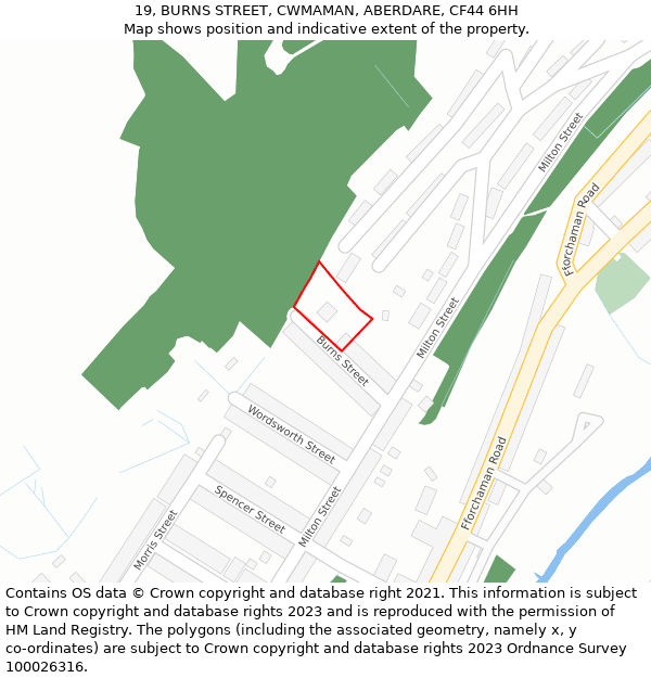 19, BURNS STREET, CWMAMAN, ABERDARE, CF44 6HH: Location map and indicative extent of plot