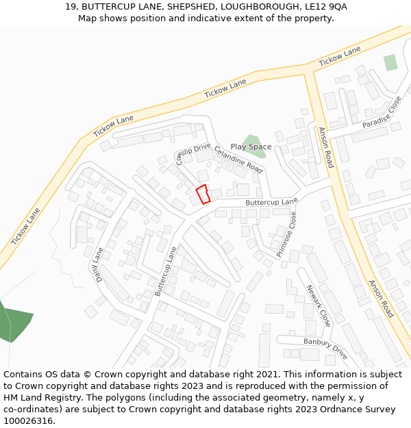 19, BUTTERCUP LANE, SHEPSHED, LOUGHBOROUGH, LE12 9QA: Location map and indicative extent of plot
