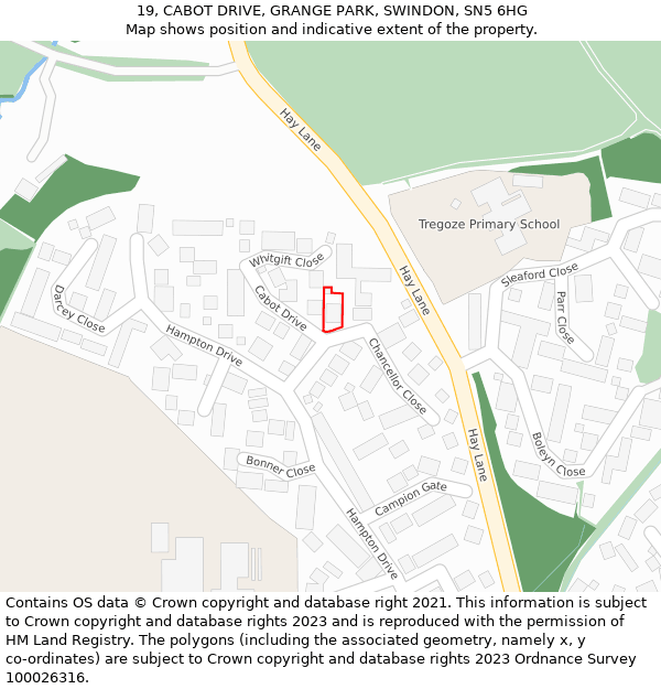19, CABOT DRIVE, GRANGE PARK, SWINDON, SN5 6HG: Location map and indicative extent of plot
