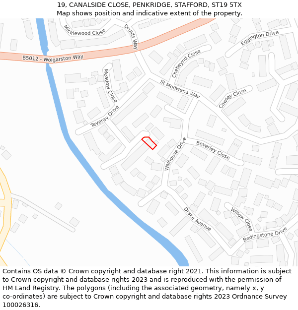 19, CANALSIDE CLOSE, PENKRIDGE, STAFFORD, ST19 5TX: Location map and indicative extent of plot