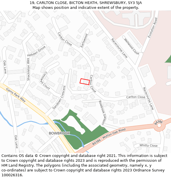 19, CARLTON CLOSE, BICTON HEATH, SHREWSBURY, SY3 5JA: Location map and indicative extent of plot