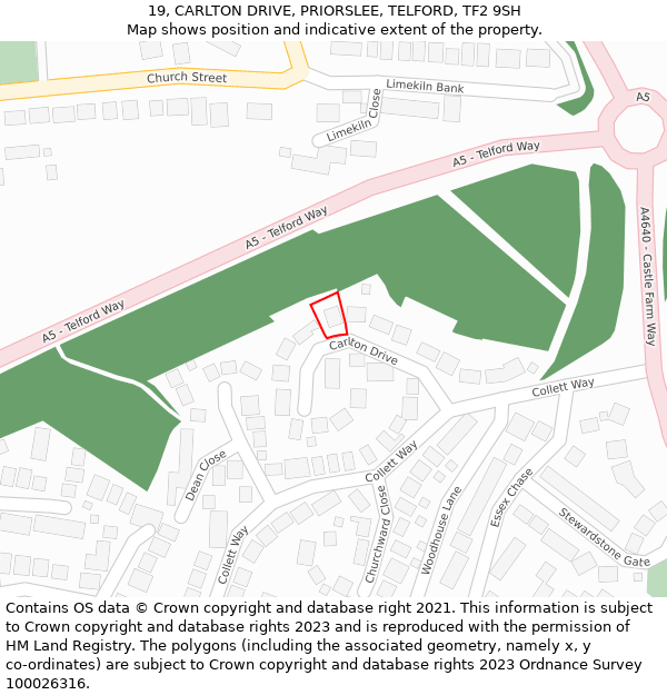 19, CARLTON DRIVE, PRIORSLEE, TELFORD, TF2 9SH: Location map and indicative extent of plot