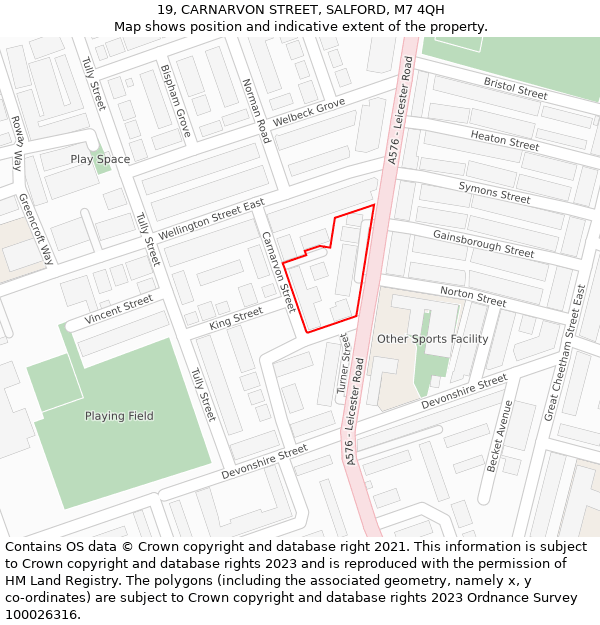 19, CARNARVON STREET, SALFORD, M7 4QH: Location map and indicative extent of plot
