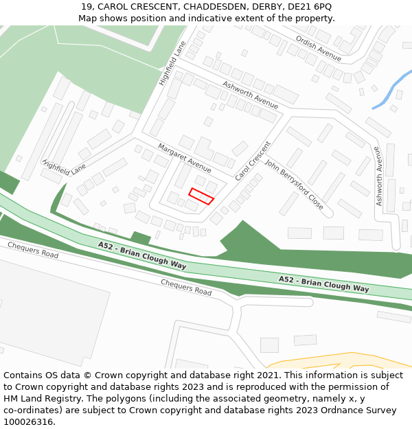 19, CAROL CRESCENT, CHADDESDEN, DERBY, DE21 6PQ: Location map and indicative extent of plot