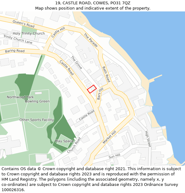 19, CASTLE ROAD, COWES, PO31 7QZ: Location map and indicative extent of plot