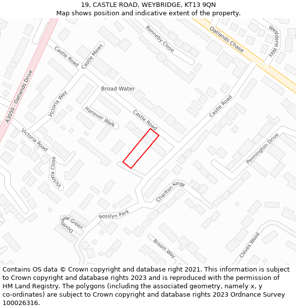 19, CASTLE ROAD, WEYBRIDGE, KT13 9QN: Location map and indicative extent of plot