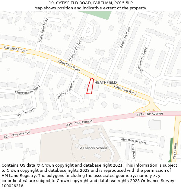 19, CATISFIELD ROAD, FAREHAM, PO15 5LP: Location map and indicative extent of plot