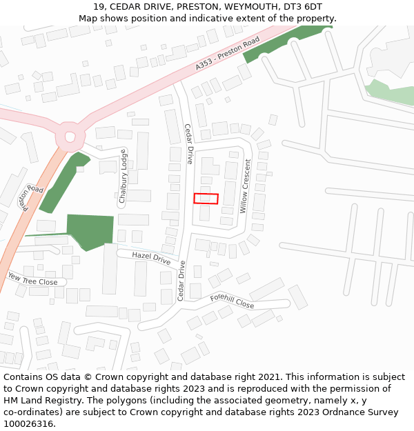 19, CEDAR DRIVE, PRESTON, WEYMOUTH, DT3 6DT: Location map and indicative extent of plot