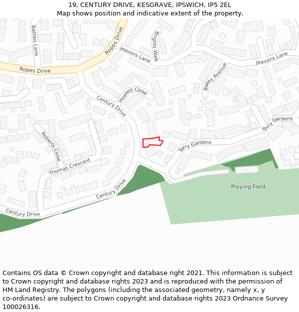 19, CENTURY DRIVE, KESGRAVE, IPSWICH, IP5 2EL: Location map and indicative extent of plot