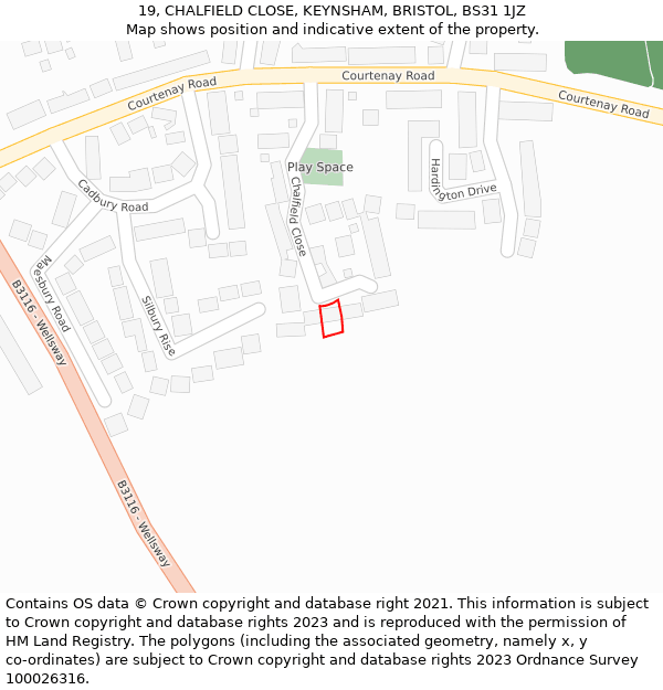 19, CHALFIELD CLOSE, KEYNSHAM, BRISTOL, BS31 1JZ: Location map and indicative extent of plot