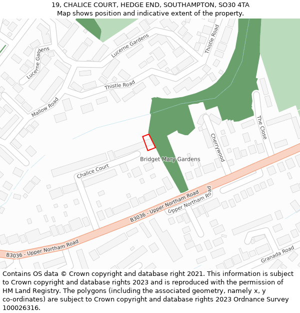 19, CHALICE COURT, HEDGE END, SOUTHAMPTON, SO30 4TA: Location map and indicative extent of plot