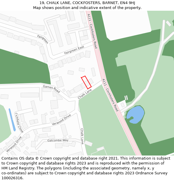 19, CHALK LANE, COCKFOSTERS, BARNET, EN4 9HJ: Location map and indicative extent of plot