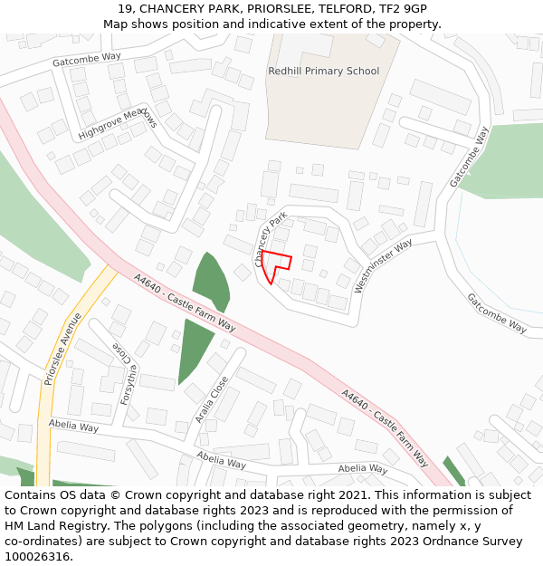 19, CHANCERY PARK, PRIORSLEE, TELFORD, TF2 9GP: Location map and indicative extent of plot