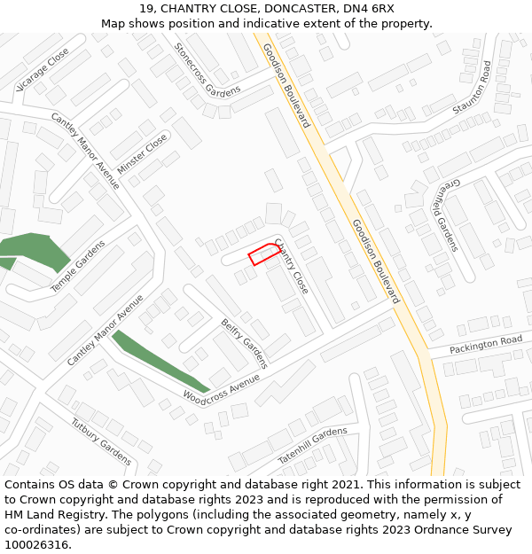 19, CHANTRY CLOSE, DONCASTER, DN4 6RX: Location map and indicative extent of plot