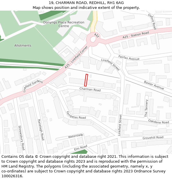 19, CHARMAN ROAD, REDHILL, RH1 6AG: Location map and indicative extent of plot