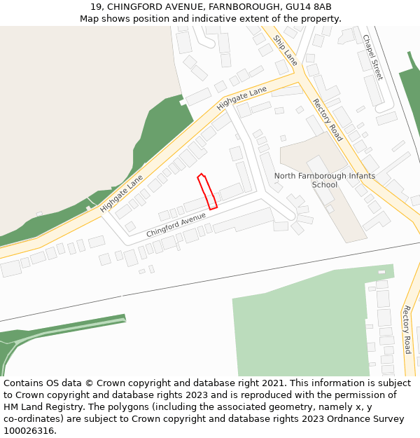 19, CHINGFORD AVENUE, FARNBOROUGH, GU14 8AB: Location map and indicative extent of plot