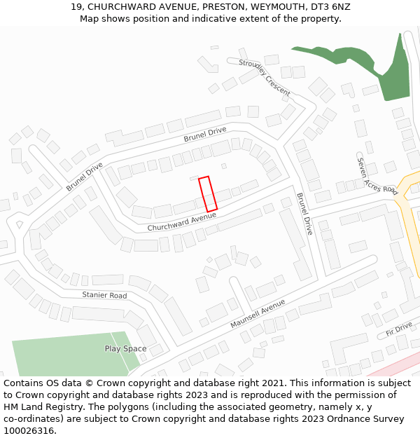 19, CHURCHWARD AVENUE, PRESTON, WEYMOUTH, DT3 6NZ: Location map and indicative extent of plot