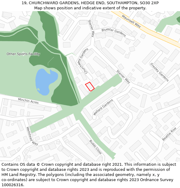 19, CHURCHWARD GARDENS, HEDGE END, SOUTHAMPTON, SO30 2XP: Location map and indicative extent of plot