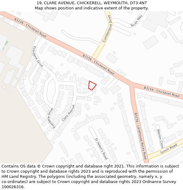 19, CLARE AVENUE, CHICKERELL, WEYMOUTH, DT3 4NT: Location map and indicative extent of plot