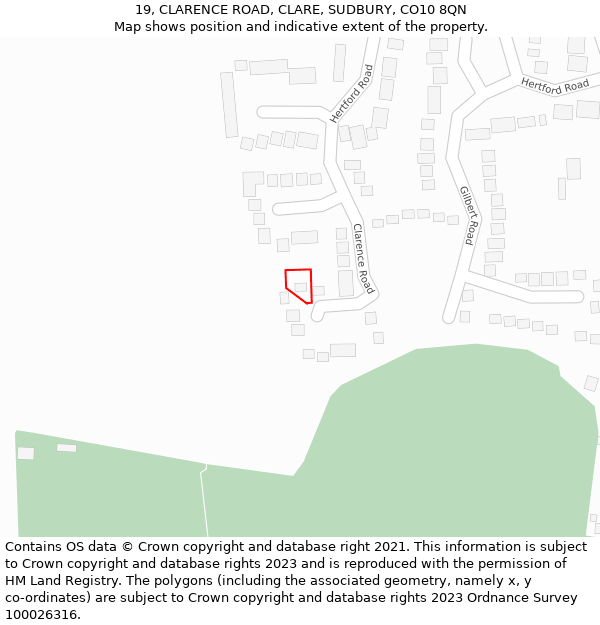 19, CLARENCE ROAD, CLARE, SUDBURY, CO10 8QN: Location map and indicative extent of plot