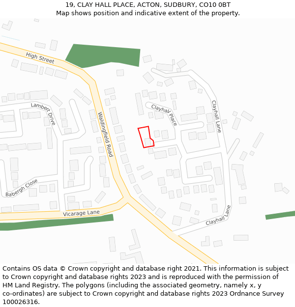 19, CLAY HALL PLACE, ACTON, SUDBURY, CO10 0BT: Location map and indicative extent of plot