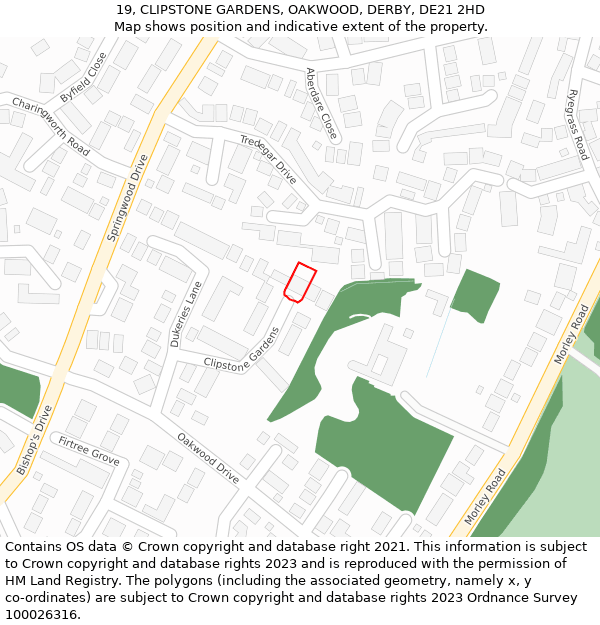 19, CLIPSTONE GARDENS, OAKWOOD, DERBY, DE21 2HD: Location map and indicative extent of plot