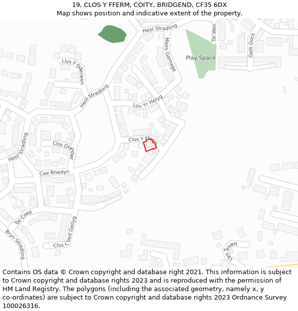 19, CLOS Y FFERM, COITY, BRIDGEND, CF35 6DX: Location map and indicative extent of plot