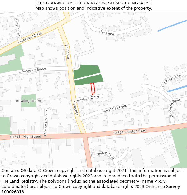 19, COBHAM CLOSE, HECKINGTON, SLEAFORD, NG34 9SE: Location map and indicative extent of plot