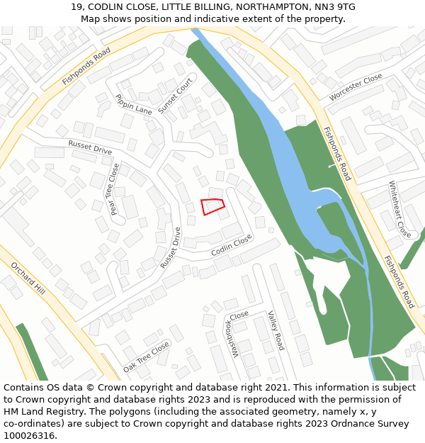 19, CODLIN CLOSE, LITTLE BILLING, NORTHAMPTON, NN3 9TG: Location map and indicative extent of plot