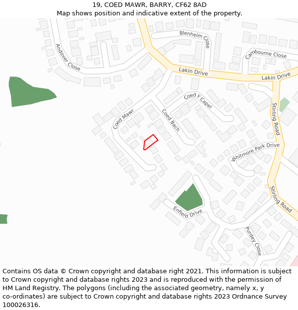 19, COED MAWR, BARRY, CF62 8AD: Location map and indicative extent of plot