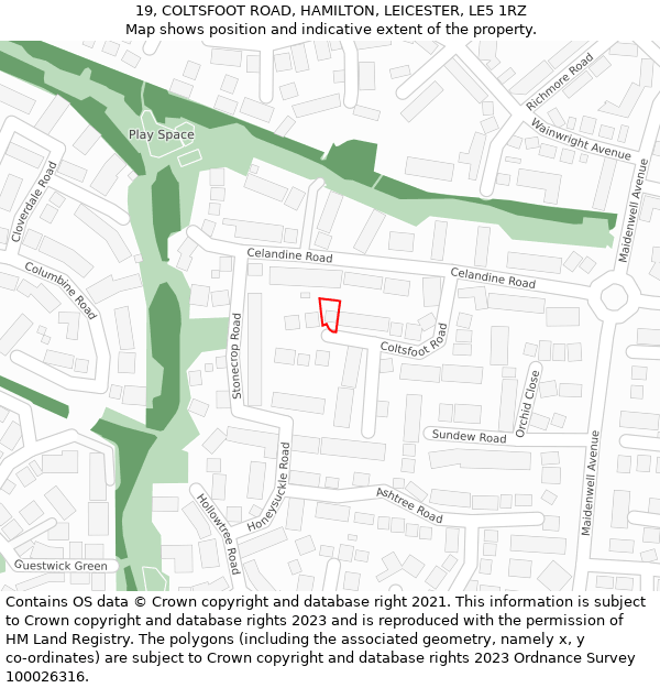 19, COLTSFOOT ROAD, HAMILTON, LEICESTER, LE5 1RZ: Location map and indicative extent of plot