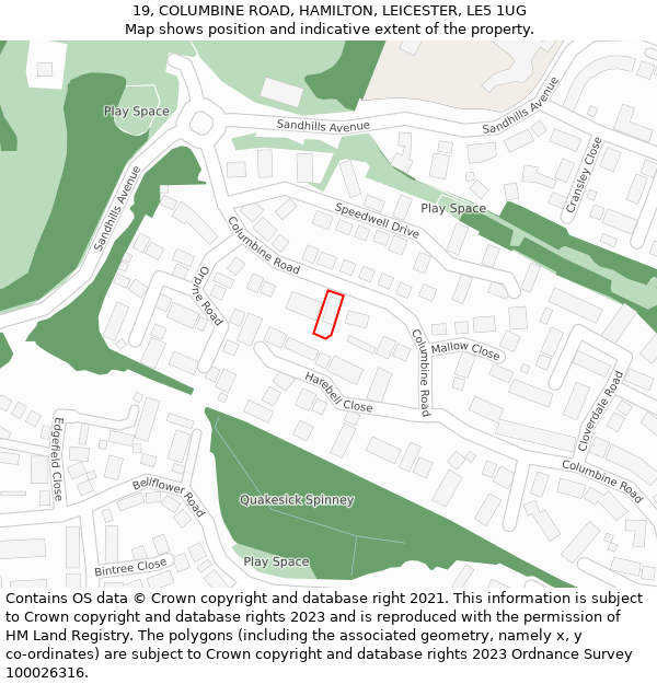 19, COLUMBINE ROAD, HAMILTON, LEICESTER, LE5 1UG: Location map and indicative extent of plot