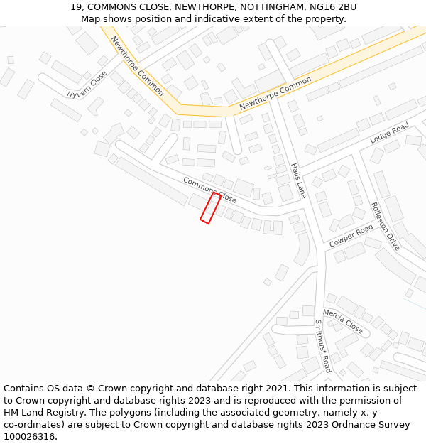 19, COMMONS CLOSE, NEWTHORPE, NOTTINGHAM, NG16 2BU: Location map and indicative extent of plot