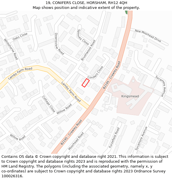 19, CONIFERS CLOSE, HORSHAM, RH12 4QH: Location map and indicative extent of plot