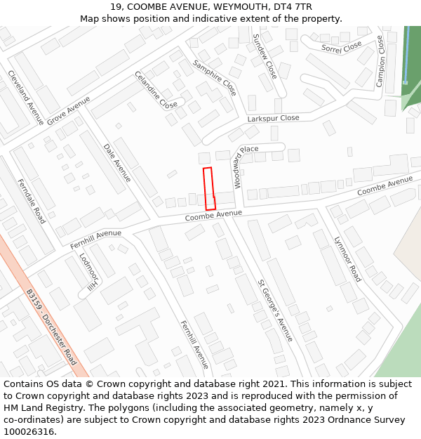 19, COOMBE AVENUE, WEYMOUTH, DT4 7TR: Location map and indicative extent of plot