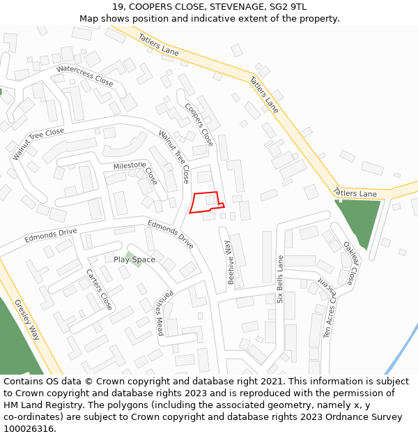 19, COOPERS CLOSE, STEVENAGE, SG2 9TL: Location map and indicative extent of plot