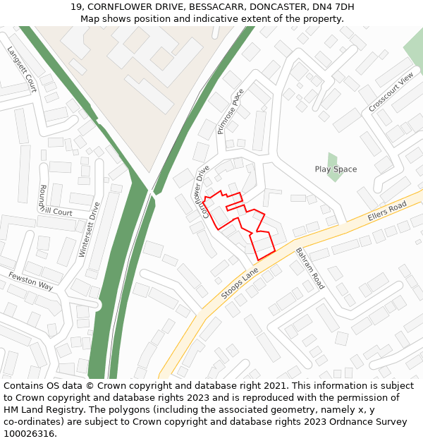 19, CORNFLOWER DRIVE, BESSACARR, DONCASTER, DN4 7DH: Location map and indicative extent of plot