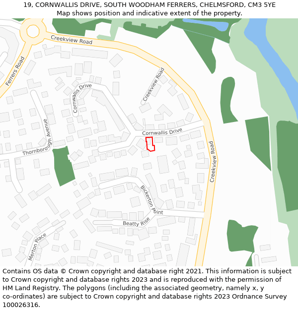 19, CORNWALLIS DRIVE, SOUTH WOODHAM FERRERS, CHELMSFORD, CM3 5YE: Location map and indicative extent of plot