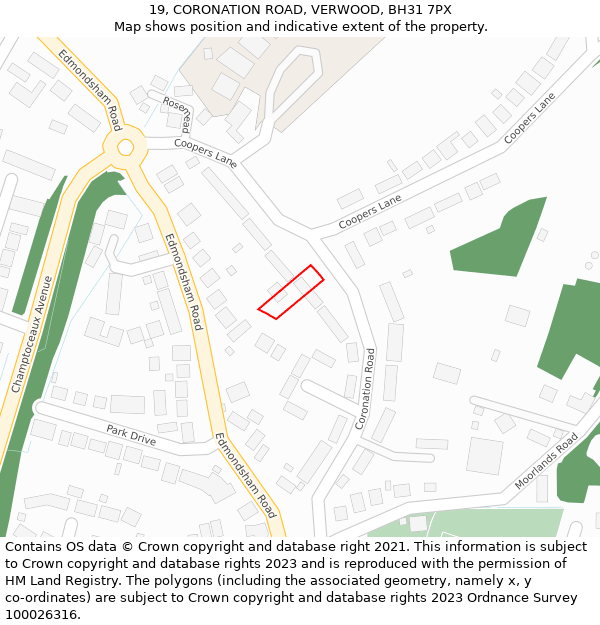 19, CORONATION ROAD, VERWOOD, BH31 7PX: Location map and indicative extent of plot
