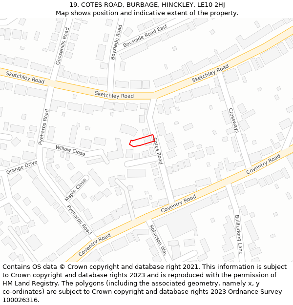 19, COTES ROAD, BURBAGE, HINCKLEY, LE10 2HJ: Location map and indicative extent of plot