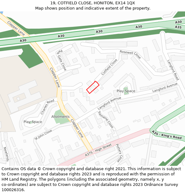 19, COTFIELD CLOSE, HONITON, EX14 1QX: Location map and indicative extent of plot