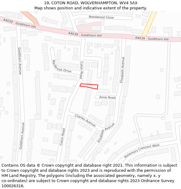 19, COTON ROAD, WOLVERHAMPTON, WV4 5AX: Location map and indicative extent of plot