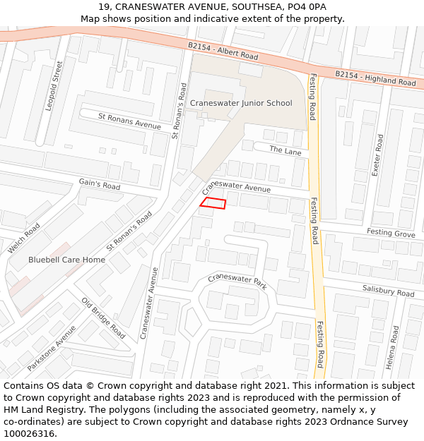 19, CRANESWATER AVENUE, SOUTHSEA, PO4 0PA: Location map and indicative extent of plot