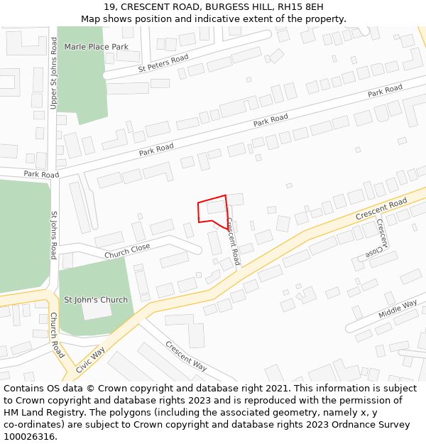 19, CRESCENT ROAD, BURGESS HILL, RH15 8EH: Location map and indicative extent of plot