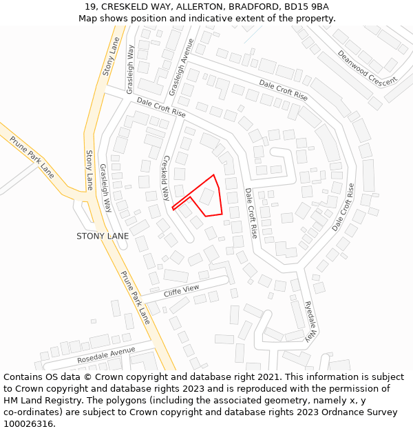 19, CRESKELD WAY, ALLERTON, BRADFORD, BD15 9BA: Location map and indicative extent of plot