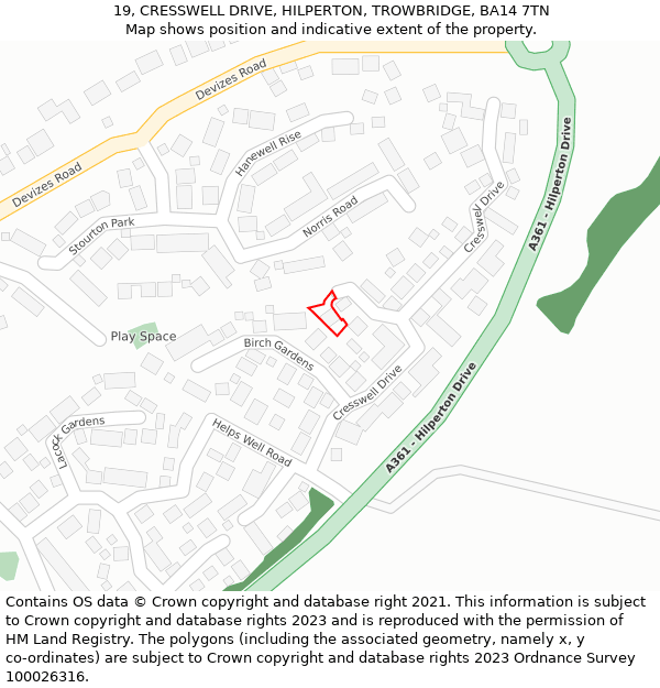 19, CRESSWELL DRIVE, HILPERTON, TROWBRIDGE, BA14 7TN: Location map and indicative extent of plot